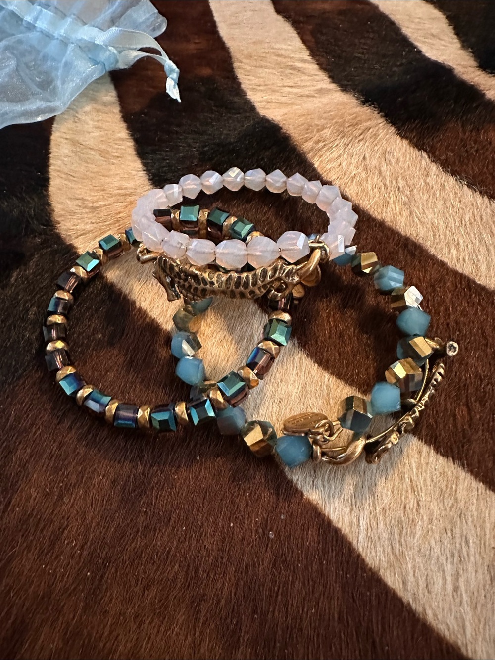 Alex and Ani Teal, Pale Pink and Gold Beaded Bracelet Set